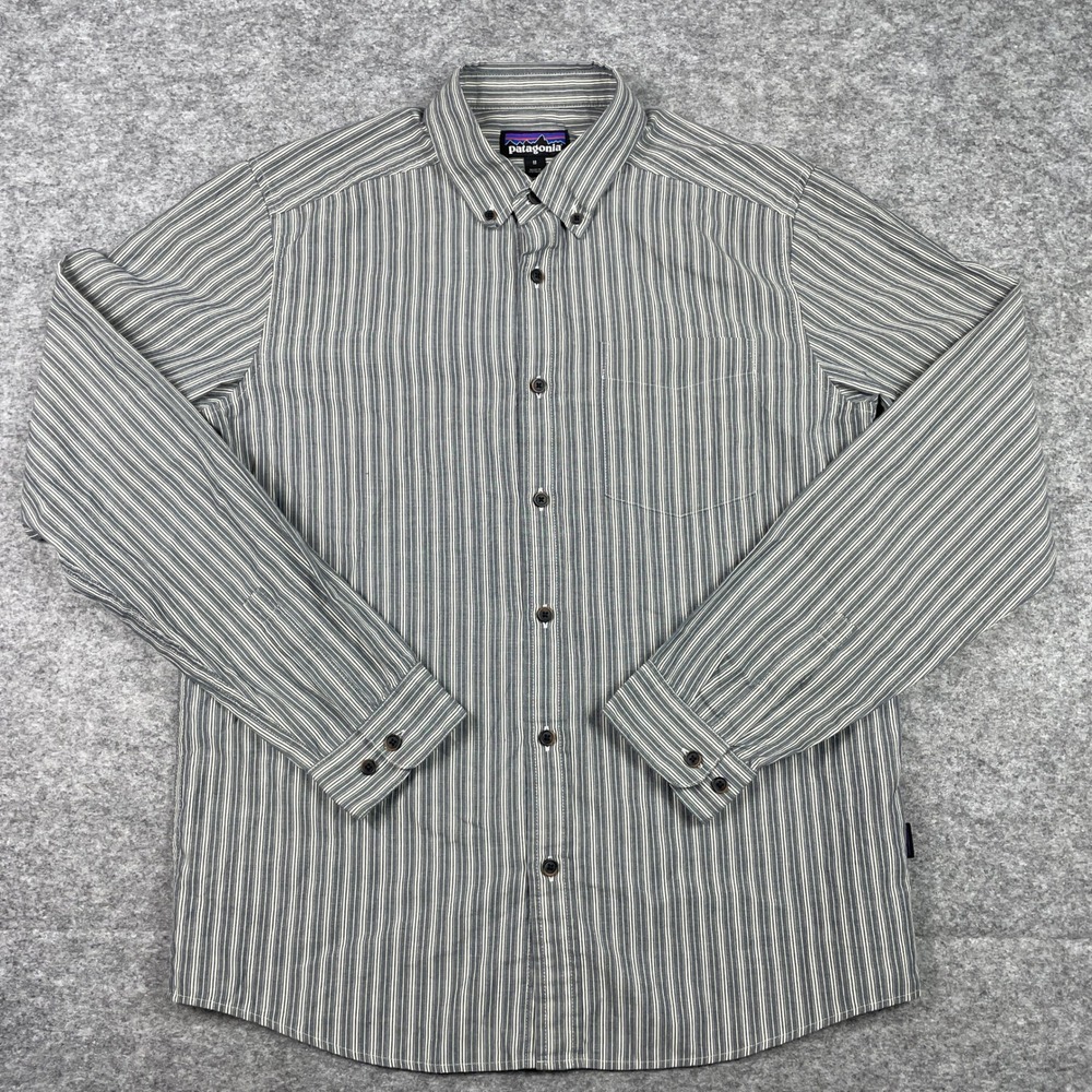 Patagonia Button Down Shirt Mens M Blue White Striped Long Sleeve Pocket